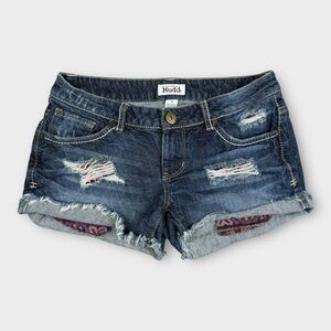 Mudd Distressed Denim Shorts Women’s 3 Cutoff Boho Festival‎ Patchwork Y2K Aztec